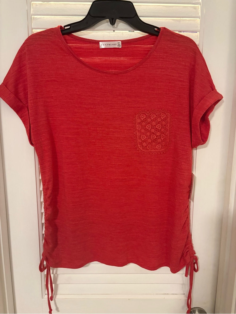 Women’s Coral Red Short-Sleeve Pocket Tee with Side Ties